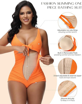 Women's Tummy Control Swimsuit Cutout Tie Knot Front Push Up Shapewear Bathing Suit