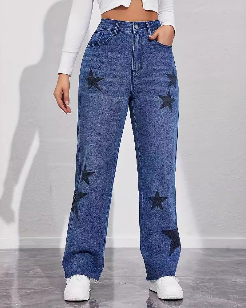 Star Print High Wasit Straight Leg Casual Comfort Jeans