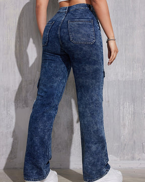 Retro Hot Girl Street Style Loose Straight Print Cargo Jeans