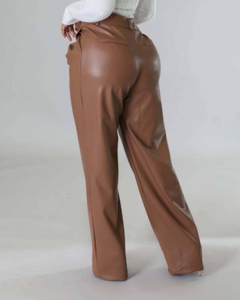 PU Leather Loose Wide-leg Pocket Casual Leather Pants