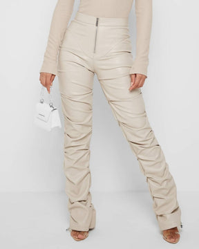 PU Leather Personalized Pleated Flared Pants