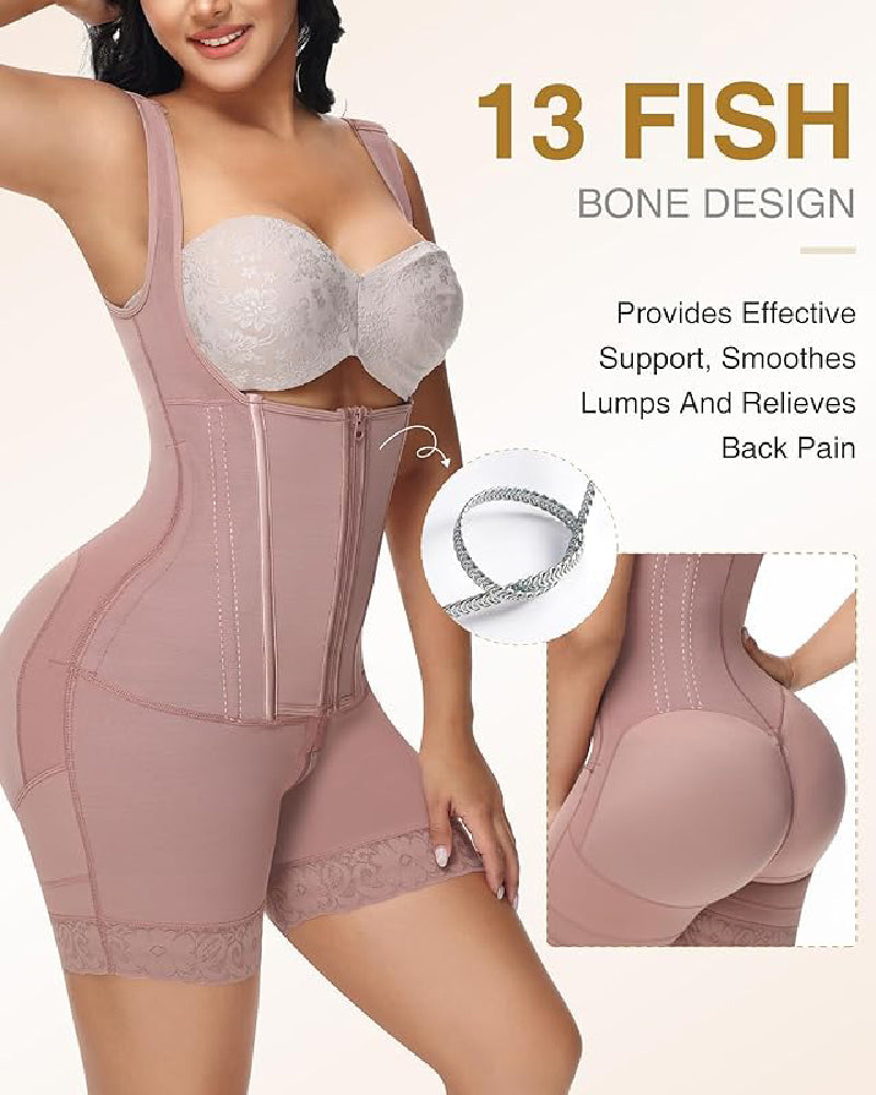 High compression Front Zipper Mid Thigh Shapewear with Bra