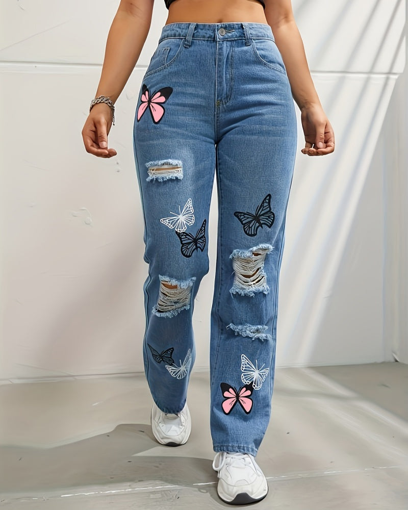 Butterfly Print Ripped Straight High Waist Contrast Jeans