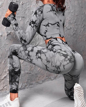 Seamless Tie-Dye Long Sleeve High Waist Tummy Control Bodycon Yoga Suit