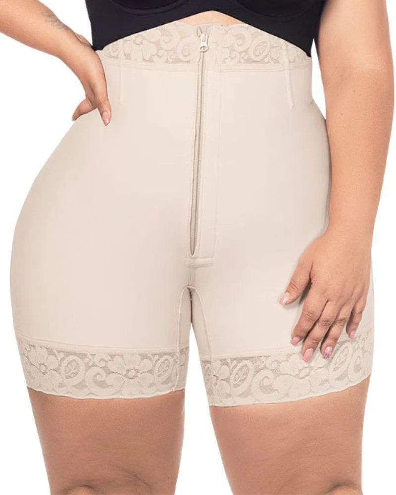 High Waist Butt Lift Shaper Zipper Short With Lace Trim