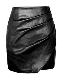 Sexy High Waist Irregular PU Zipper Pleated Hip Leather Skirt