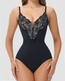 Lace Deep V-Neck Sculpting Bodysuit Underwire Push Up Brief Shapewear