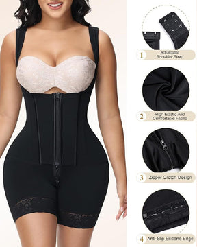 High compression Front Zipper Mid Thigh Shapewear with Bra