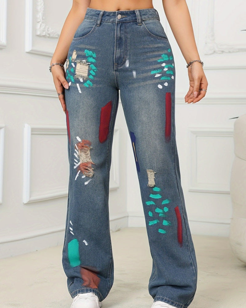 Hip Hop Painted Graffiti Ripped High Waist Straight Simple Versatile Jeans