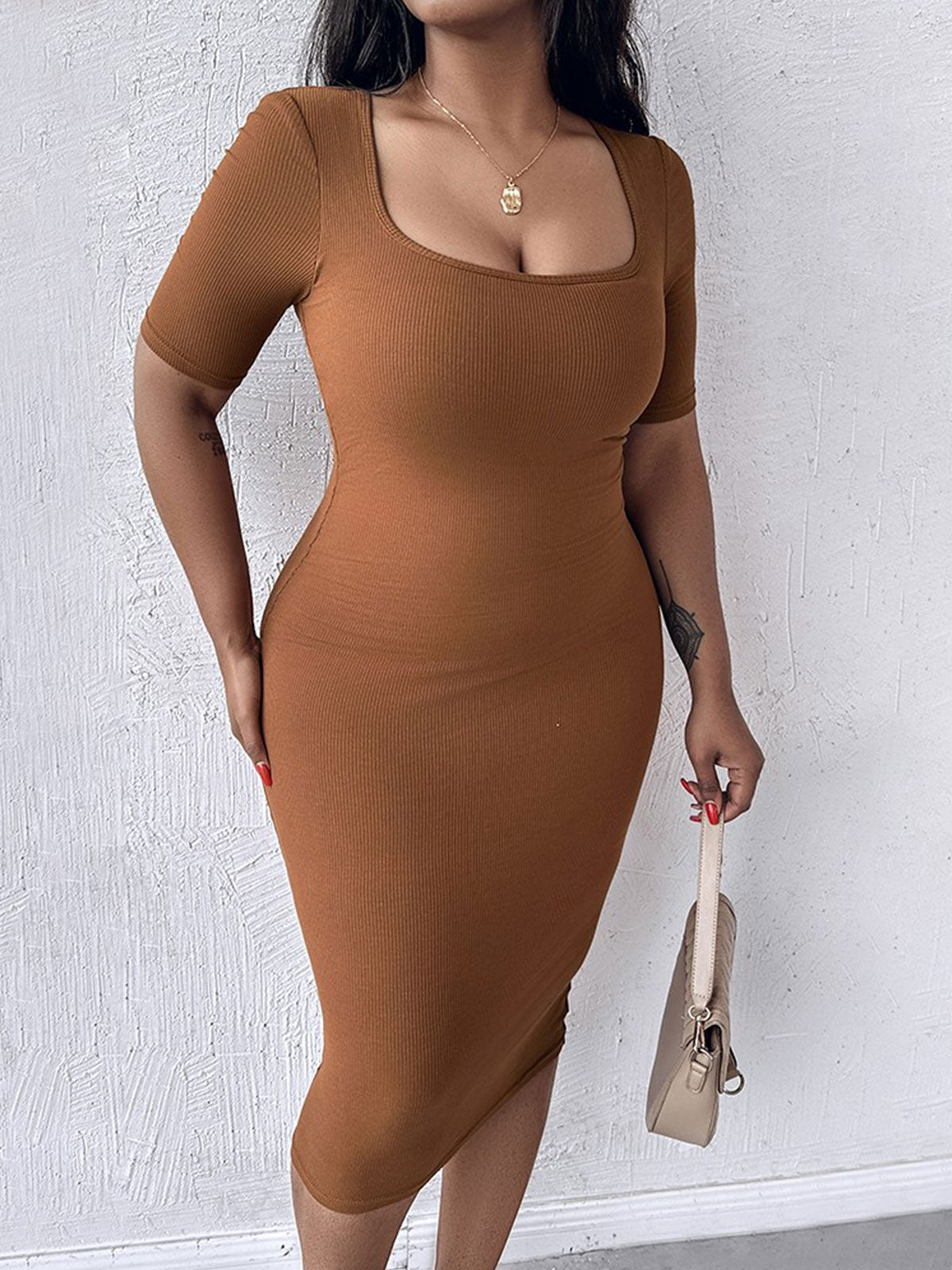 Built-in Shapewear Short Sleeve Square Neck Slim Fit Midi Body Dress