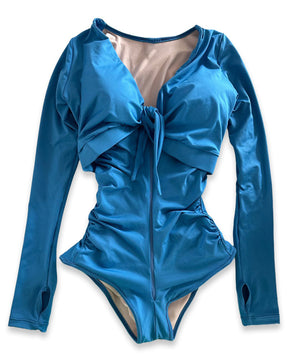 Blue Long Sleeve Built In Shapewear Tummy Cotrol Girdle Swimsuit