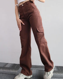 Women's Mid Rise Straight Wide Leg Cargo Jeans Casual Multiple Pockets Pants