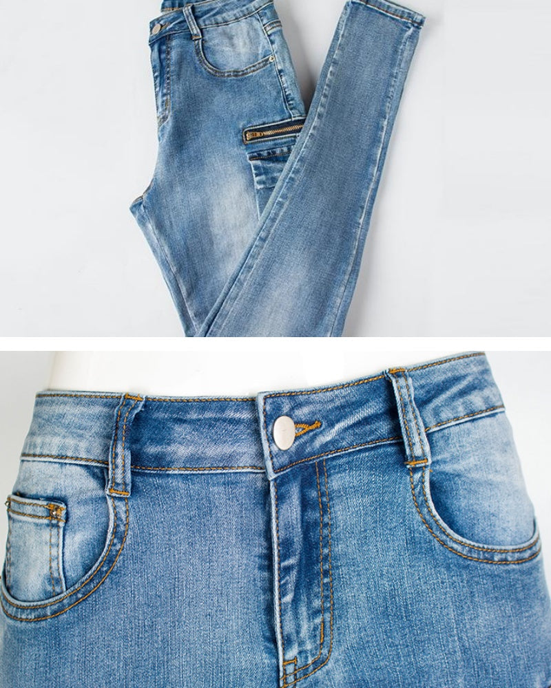 Vintage Washed Distressed Skinny Jeans with Multiple Pockets