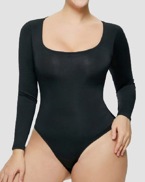 Women's Seamless Square Neck Long Sleeve Bodysuits Sculpting Thong Bottoming Shirt Body Shaper