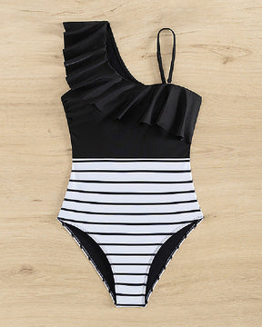 Women's Asymmetric Shoulder Swimsuit High Waist Ruffle Bathing Suit