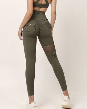 Unique Cut Out Pocket Mesh Yoga Pants Scrunch Bum Leggings