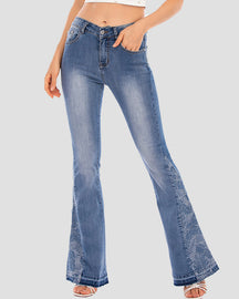 Casual  Mid Waist Tummy Control Flared Jeans with with Embroidered Patches