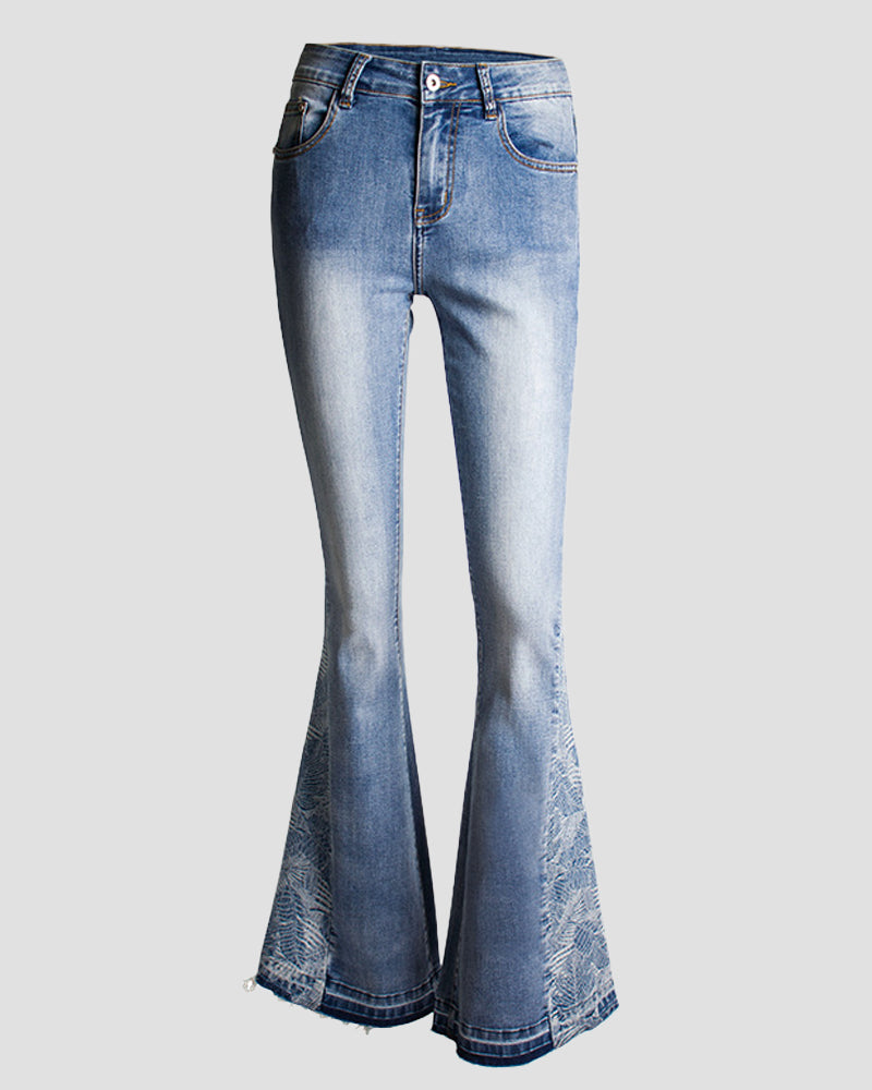 Casual  Mid Waist Tummy Control Flared Jeans with with Embroidered Patches