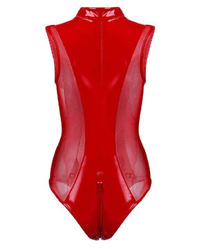 Women's Sexy Lingerie Leather Bodysuits Sheer Mesh Sleeveless Zipper Thong Jumpsuits