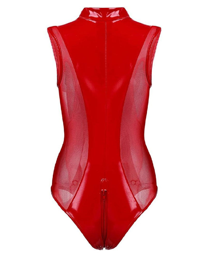 Women's Sexy Lingerie Leather Bodysuits Sheer Mesh Sleeveless Zipper Thong Jumpsuits