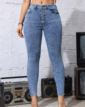 Washed Multi Button Stretch High Waisted Skinny Jeans for Women