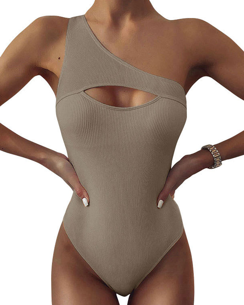 Women's One Shoulder Ribbed Cut Out Bodysuit Solid One Piece Push Up Shapewear