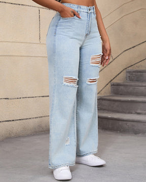 Elegant High Waist Ripped Wide-leg Jeans