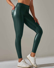 Fleece Lined PU Leather Pants With Pocket High Waisted and Butt Lift