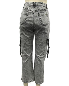 Women's Vintage Cargo Jeans Wide Leg Casual High Waisted Pants With Large Pockets