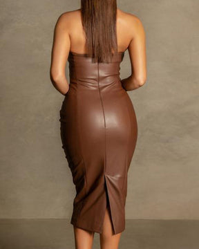 PU Leather Slim Fit Tube Top Sexy Dress with Back Slit