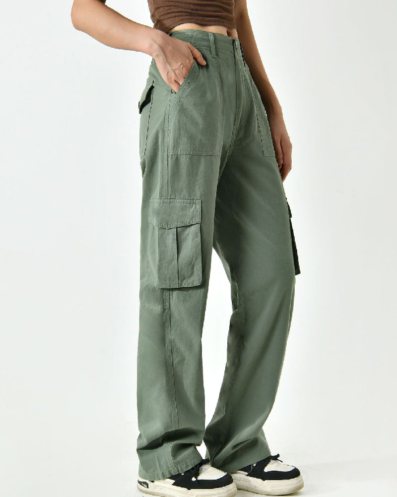 Women's Mid Rise Flap Pockets Straight Leg Casual Cargo Pants