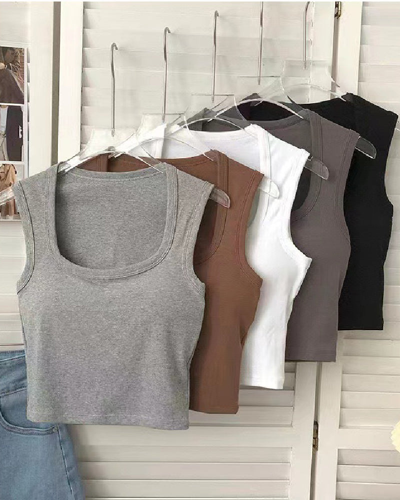 Women's Square Neck Casual Solid Basics Built-in Bra Padded Tank Tops