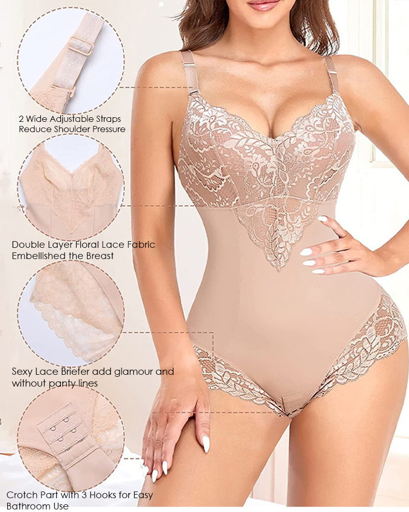 Lace V neck Tummy Control Sculpting Full Body Shapewear Bodysuit