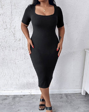 Built-in Shapewear Short Sleeve Square Neck Slim Fit Midi Body Dress