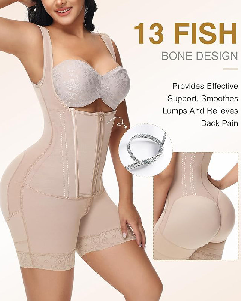 High compression Front Zipper Mid Thigh Shapewear with Bra