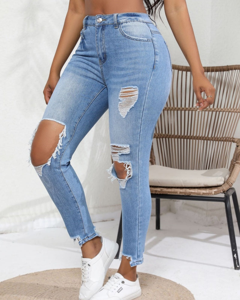 Washed Ripped Slim High Waist Elastic Retro Skinny Jeans for Women