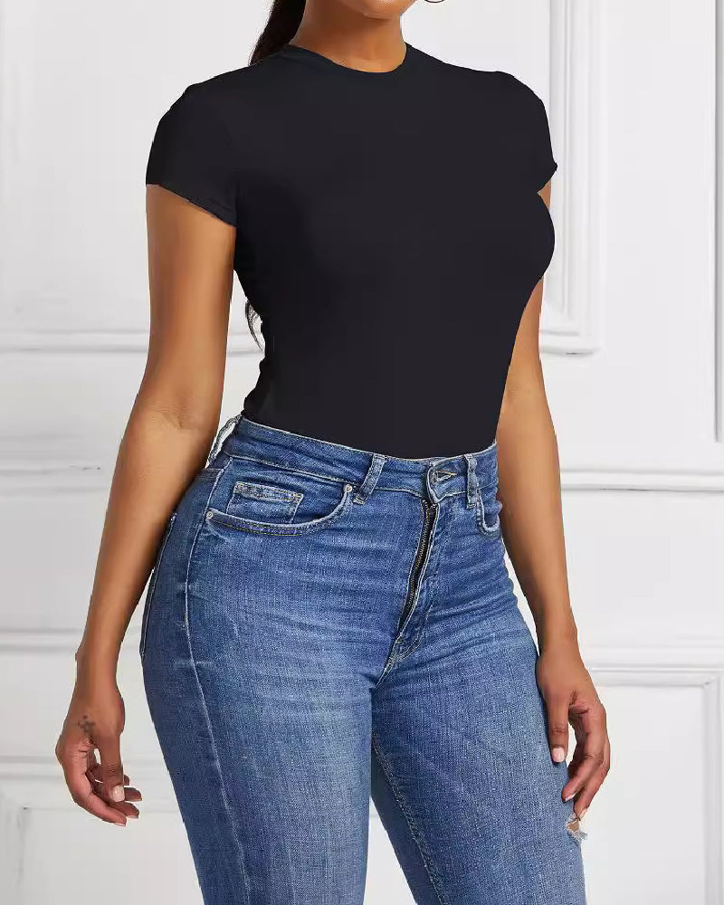 Women's Sexy Short Sleeve O Neck Thong Basic T Shirt Tops Bodysuit