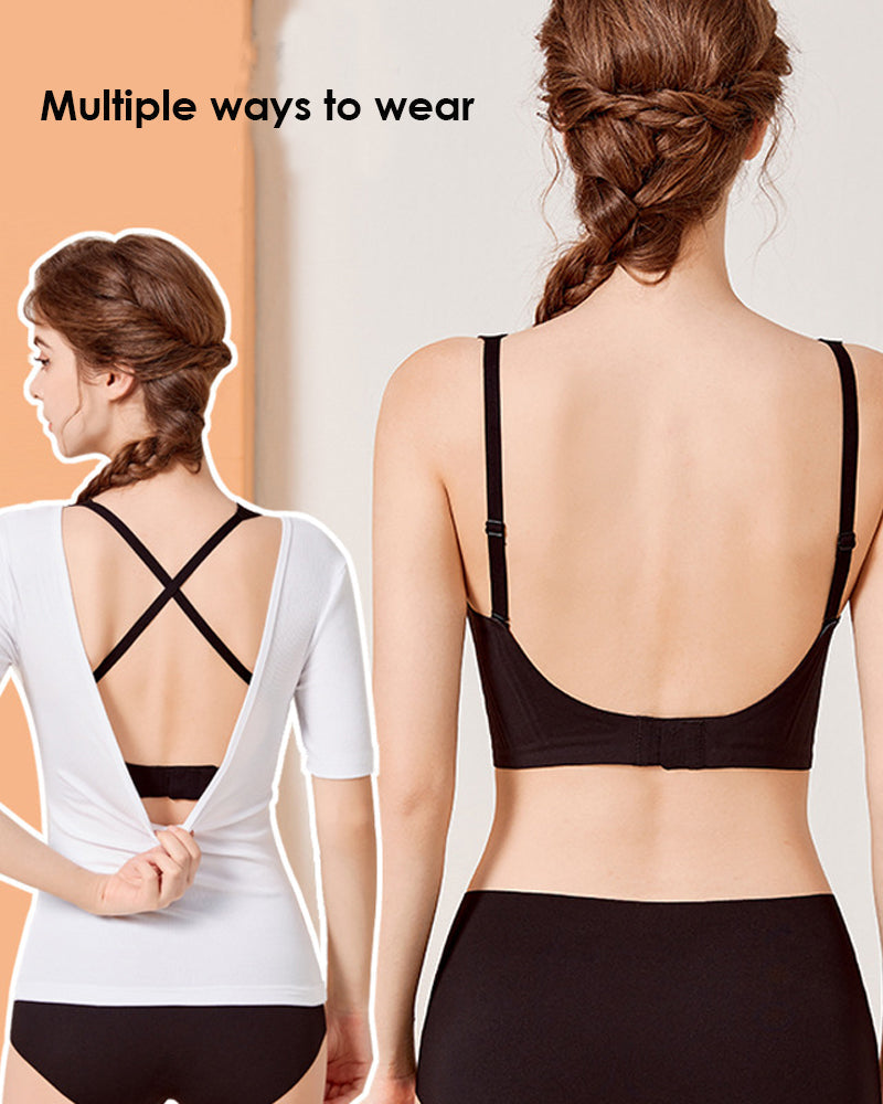 Women's Seamless Low Back Wireless Deep U Shaped Backless Comfort Minimizer Bra