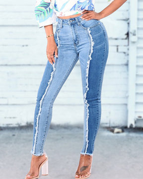 Fashion Tassel Slim Fit Patchwork Gradient Jeans Slim Hip Lift