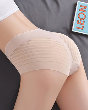 Women's Sexy Seamless Hollow Stripe Mesh Underwear Mid Waist Thong Shaping Briefs