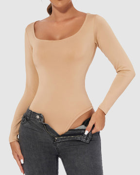 Women's Seamless Square Neck Long Sleeve Bodysuits Sculpting Thong Bottoming Shirt Body Shaper