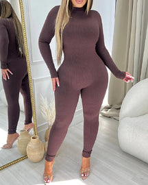 Fashion Ribbed High Neck Long Sleeve Tight-fitting One-piece Jumpsuits