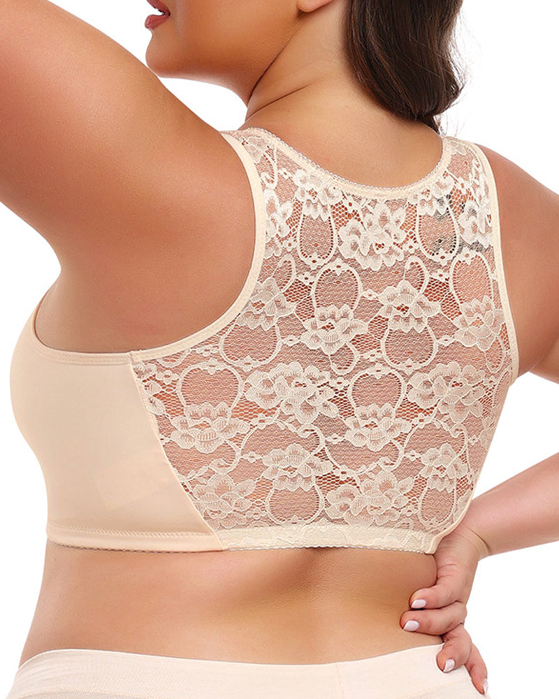 Front Closure Wireless Lace Back Vest Bra Plus Size Full Cup Bra