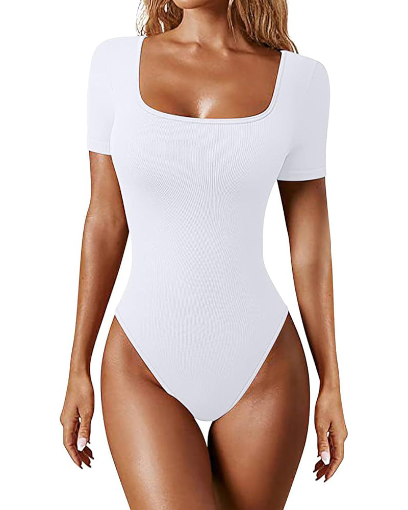 Women's Square Neck Sexy Ribbed Short Sleeve Thong Tummy Control Bodysuits