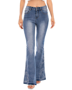 Casual  Mid Waist Tummy Control Flared Jeans with with Embroidered Patches