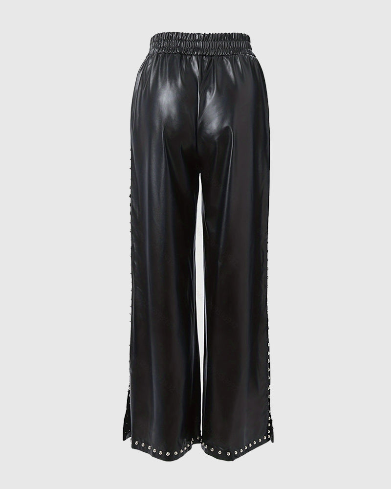 Beaded Loose Wide-leg Leather Pants