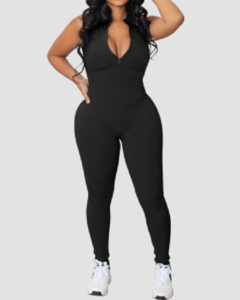 Ribbed Sleeveless High Stretch Bodycon One Piece Zipper Front Workout Jumpsuit