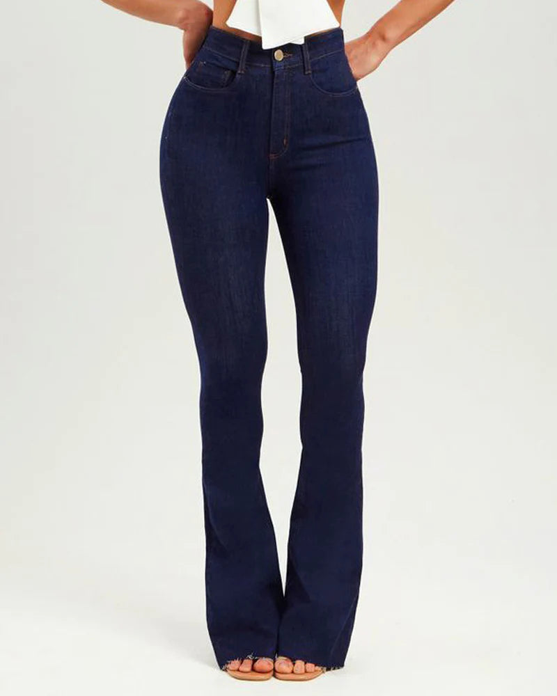 Dark Blue Butt Lifting Skinny Flare Shaping Jeans High Waist Stretch Pants Women Jeans