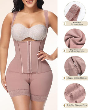 High compression Front Zipper Mid Thigh Shapewear with Bra