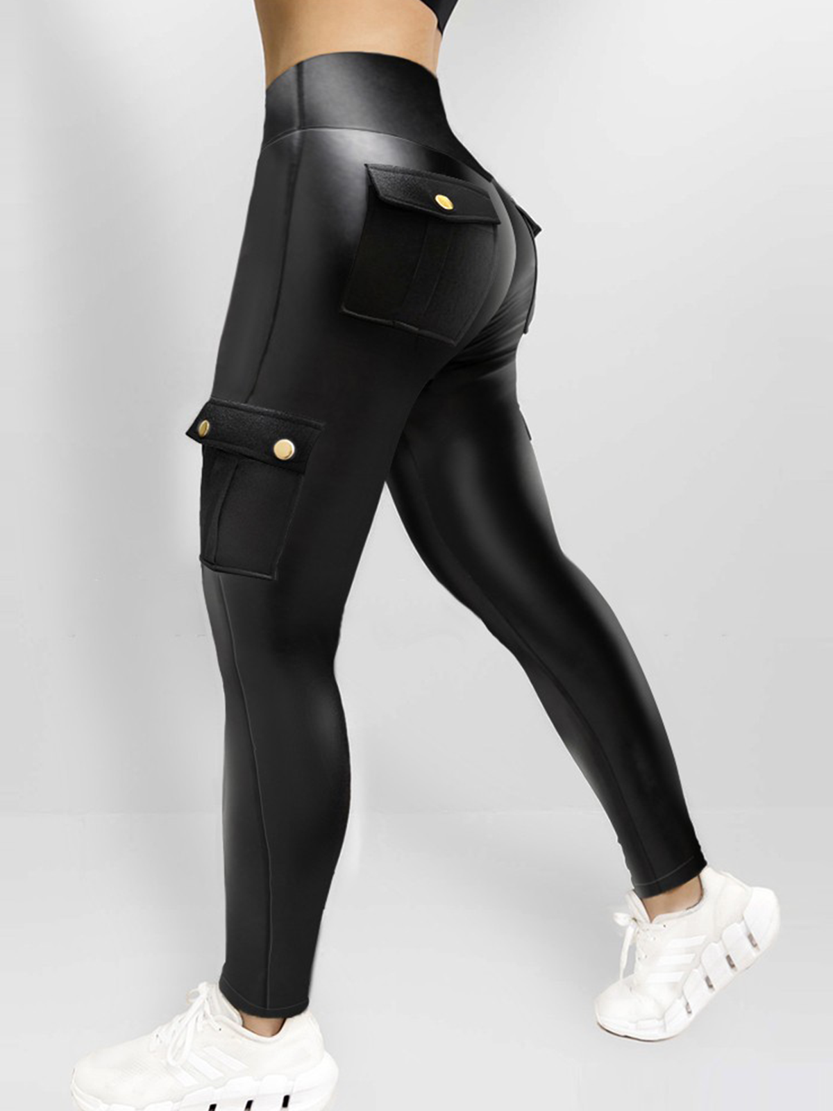 Women's Leather Pants High Waist Cargo Pockets Stretch Leather Leggings